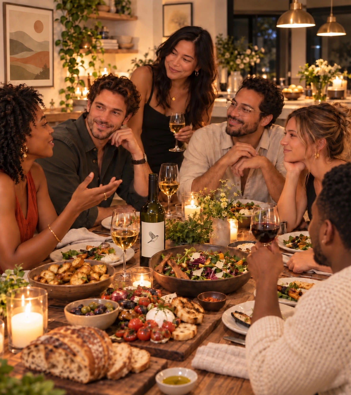 Six people sharing dinner around a table